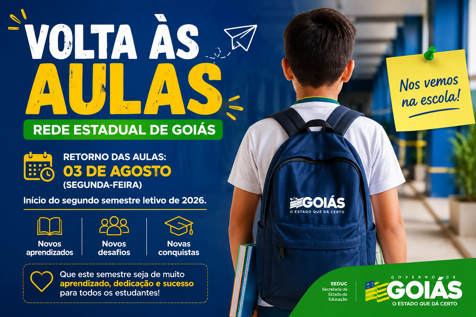 Volta às aulas da rede estadual de Goiás acontece na segunda-feira (3)